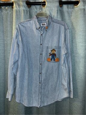 Vintage Basic Editions Light Blue Denim Button-Down Shirt with Scarecrow Pocket